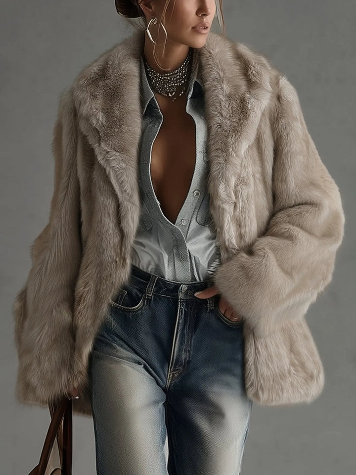 Women's Faux Fur Winter Jacket with Lapel Collar