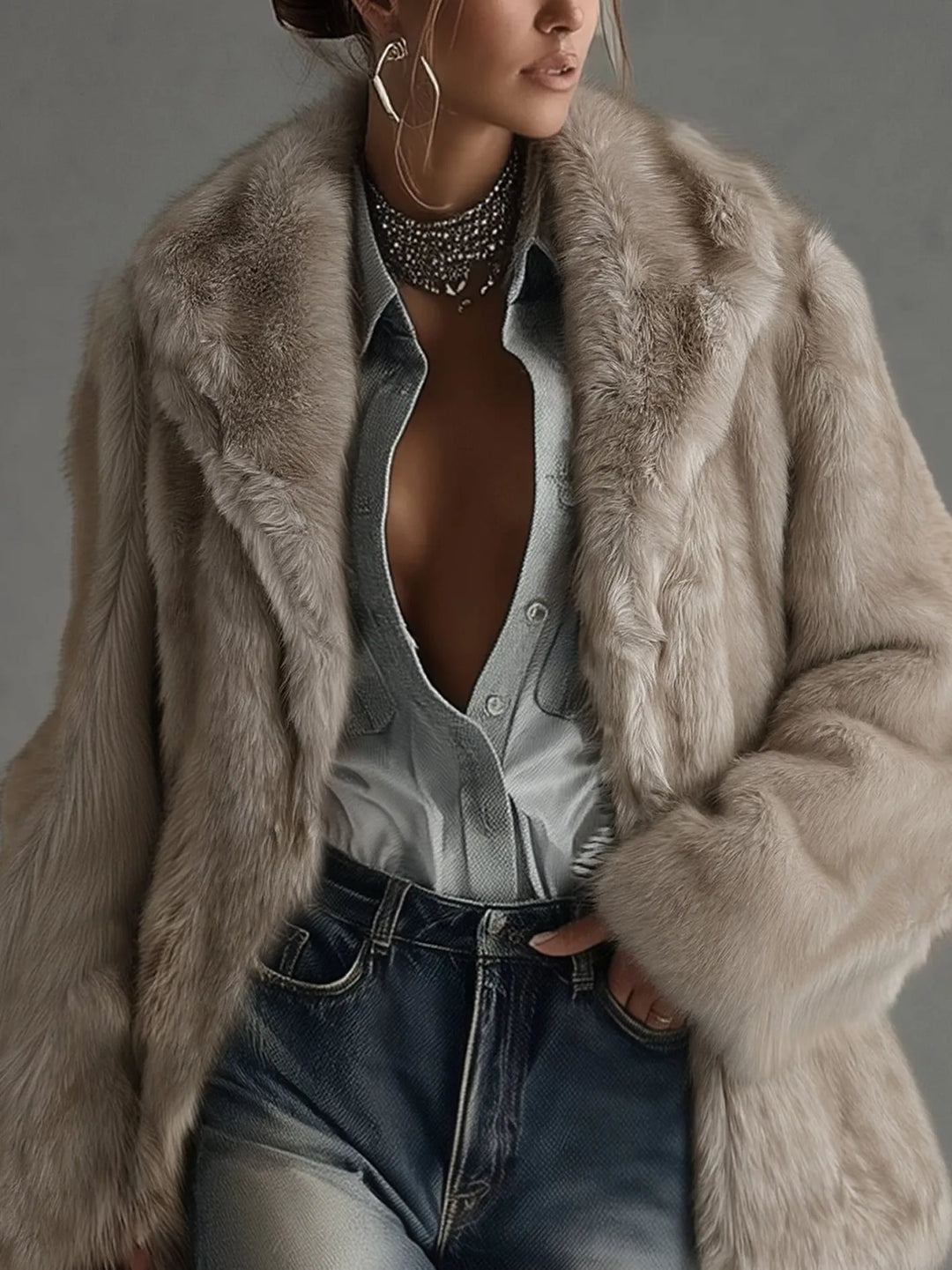 Women's Faux Fur Winter Jacket with Lapel Collar