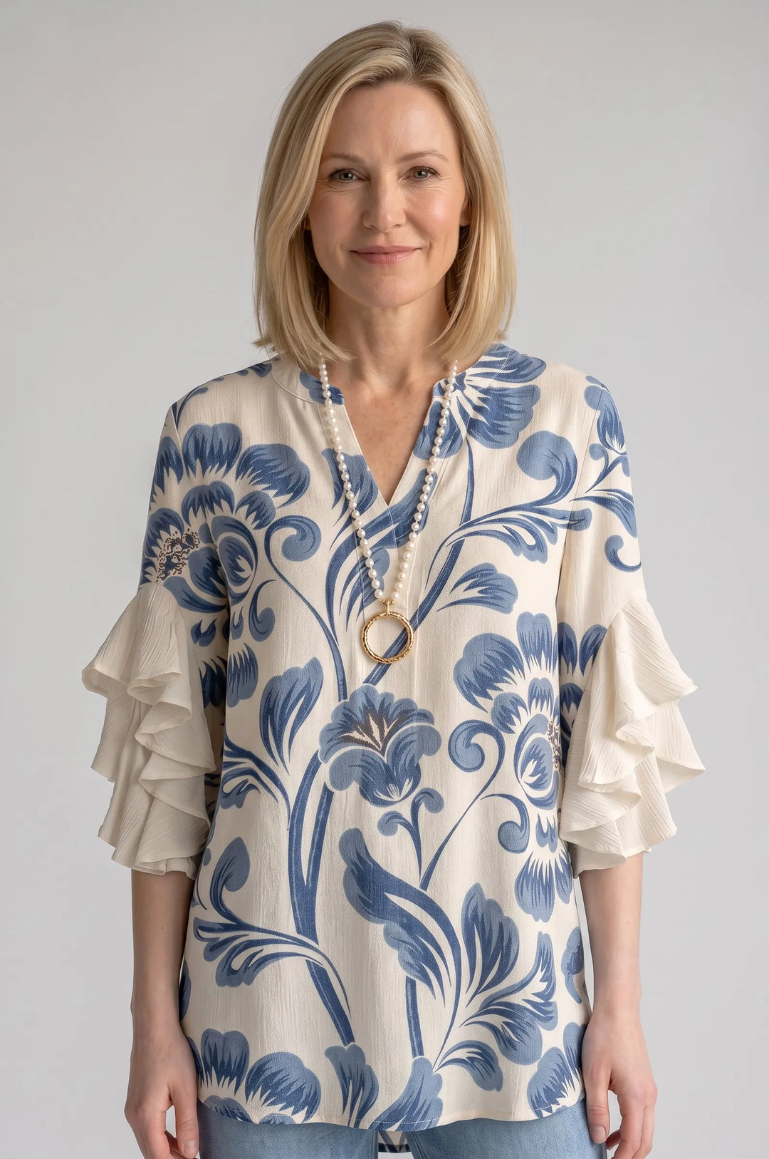 Women's Floral Blouse with Ruffle and V-Neck