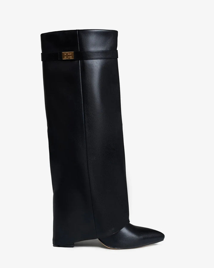Women's Knee High Leather Boots with Wedge Heel