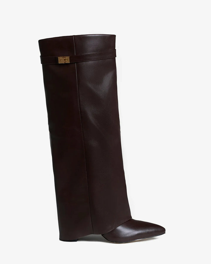 Women's Knee High Leather Boots with Wedge Heel