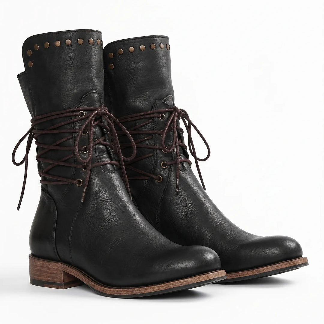 Women’s Mid Calf Block Heel Boots with Lace Up