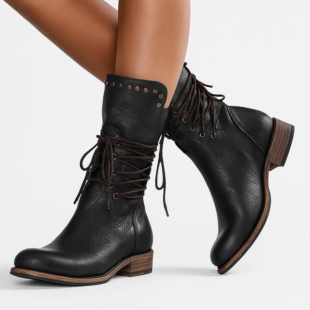 Women’s Mid Calf Block Heel Boots with Lace Up