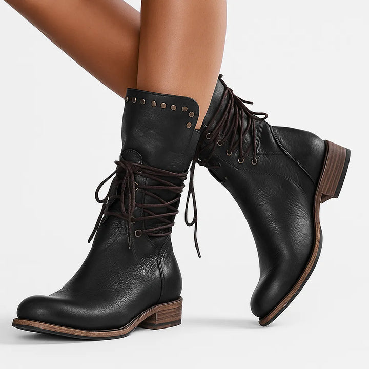 Women’s Mid Calf Block Heel Boots with Lace Up