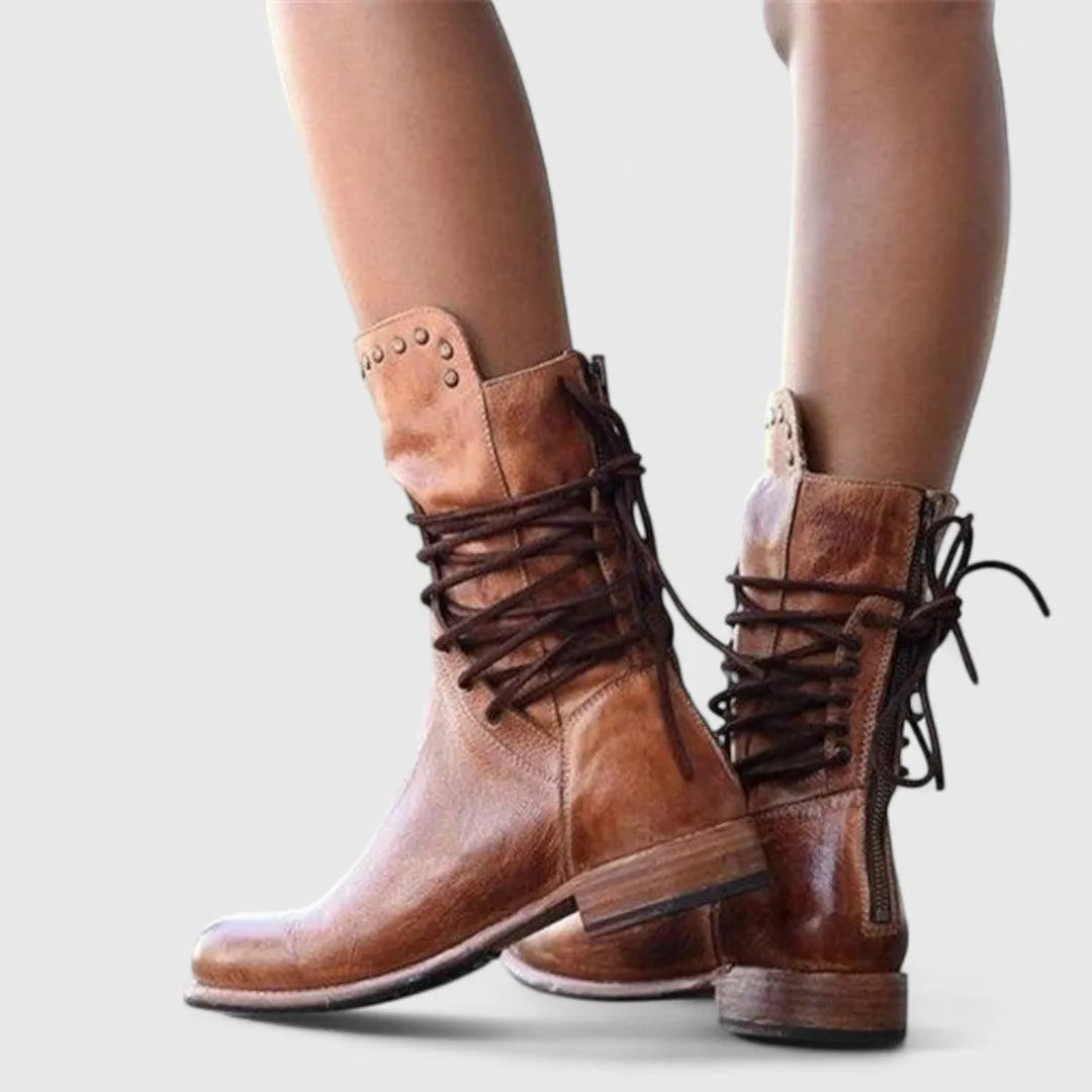 Women’s Mid Calf Block Heel Boots with Lace Up