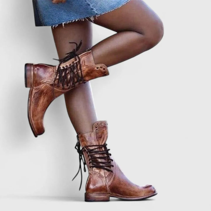 Women’s Mid Calf Block Heel Boots with Lace Up