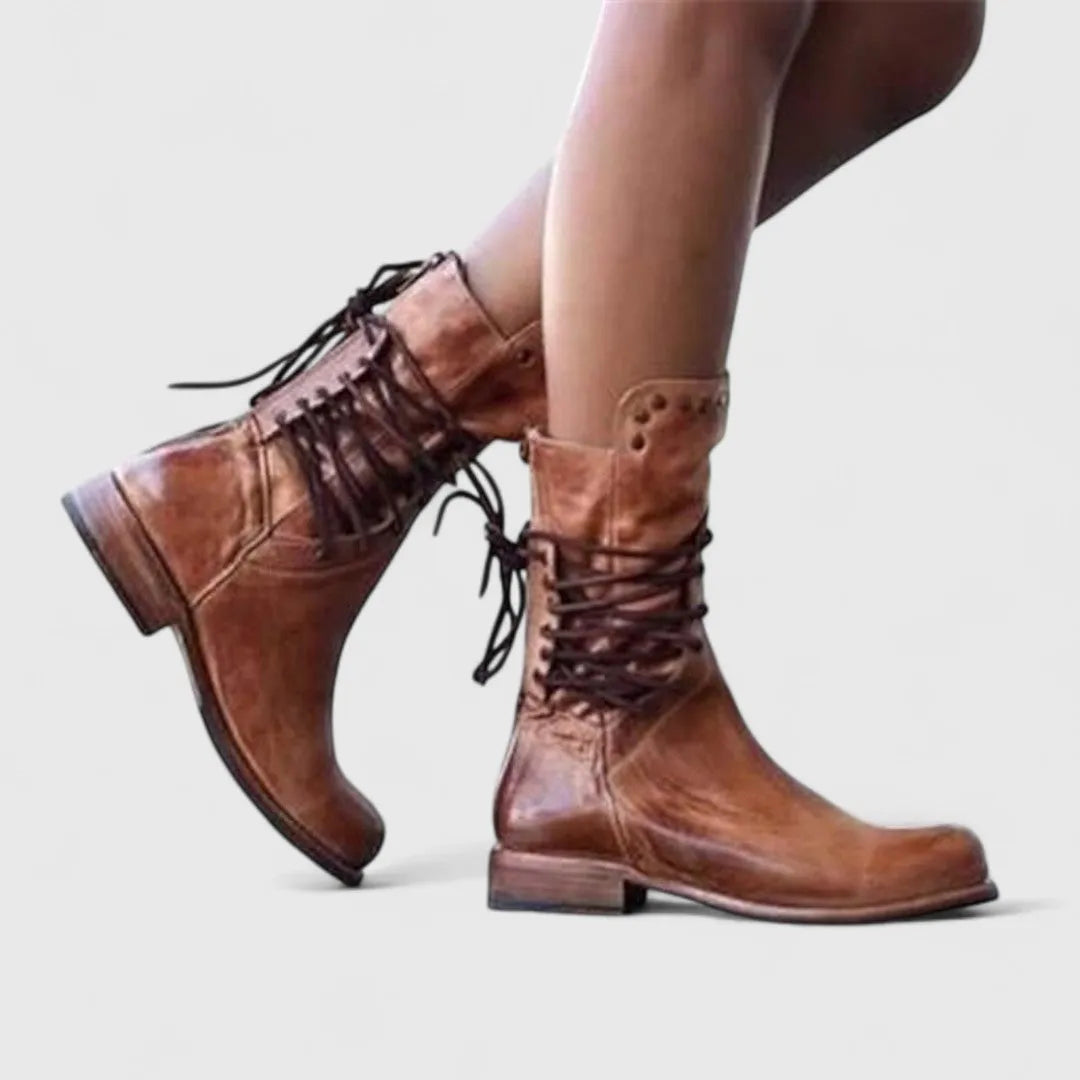 Women’s Mid Calf Block Heel Boots with Lace Up