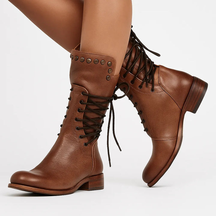 Women’s Mid Calf Block Heel Boots with Lace Up