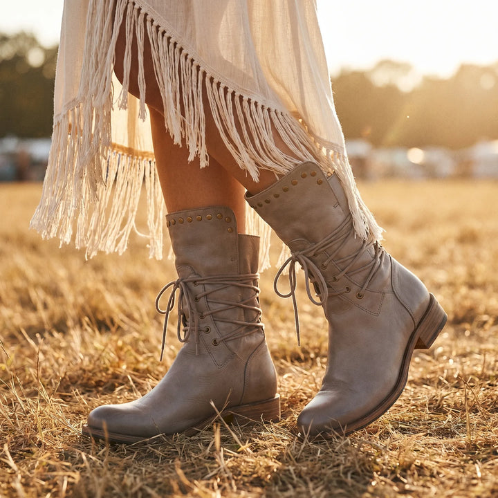 Women’s Mid Calf Block Heel Boots with Lace Up