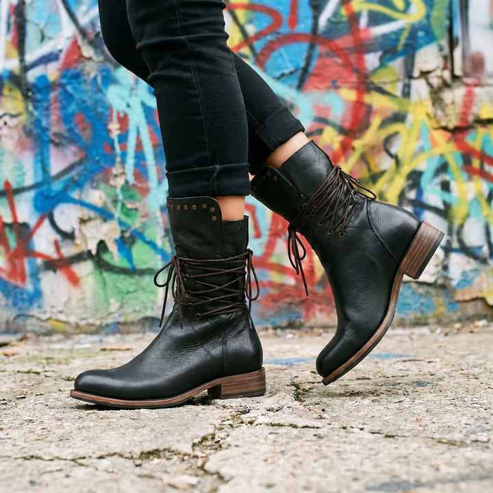 Women’s Mid Calf Block Heel Boots with Lace Up