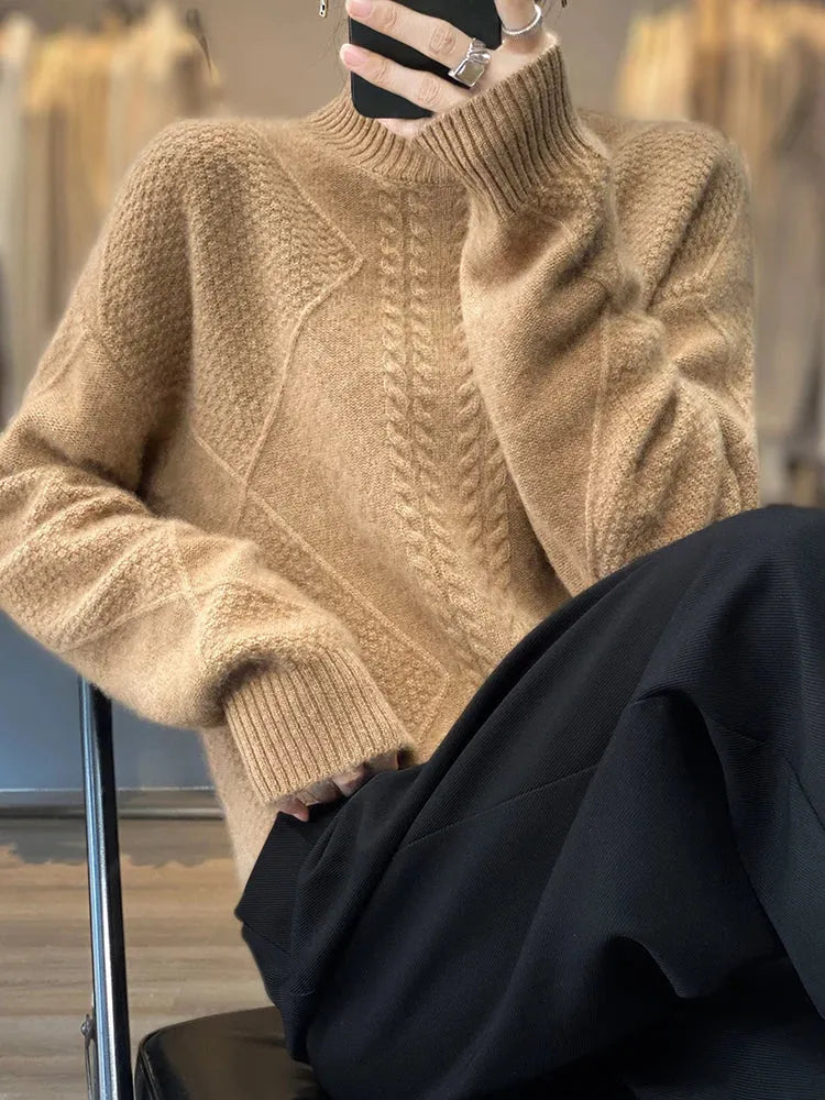 Women's Oversized Cable Knit Sweaters with Turtleneck