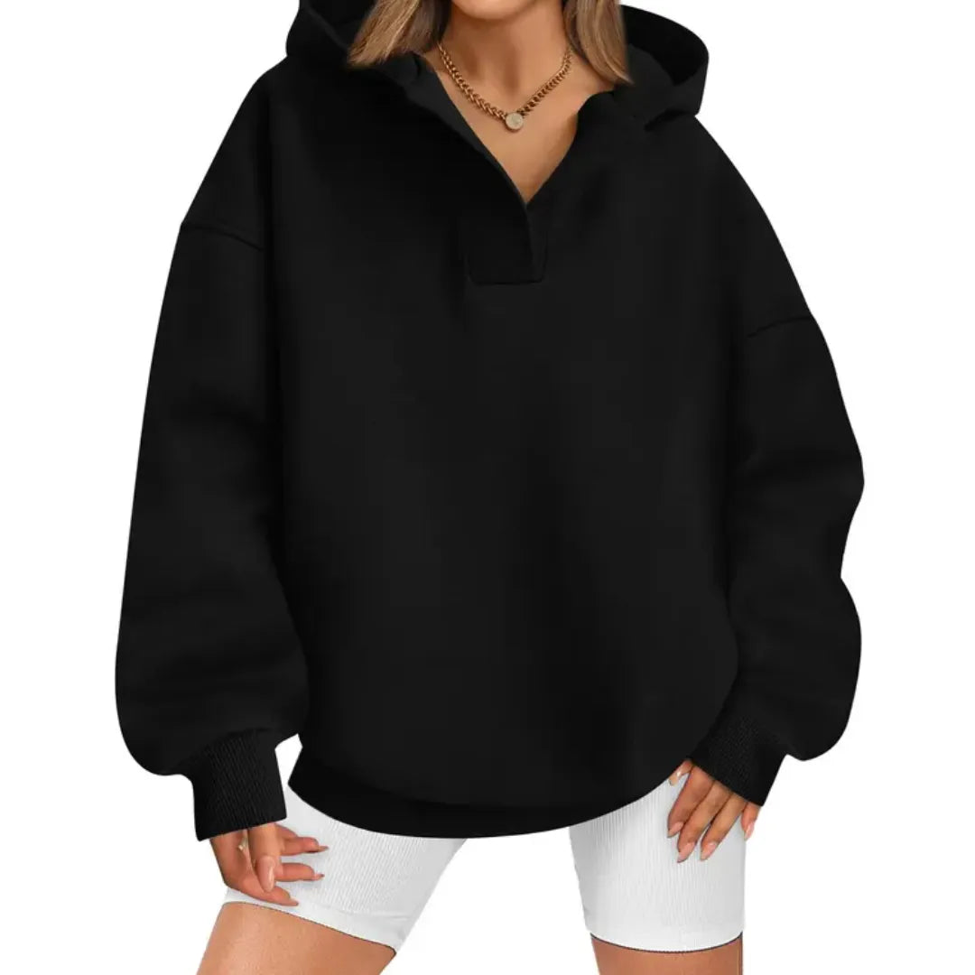 Women's Oversized V-Neck Hoodie with Puff Sleeve