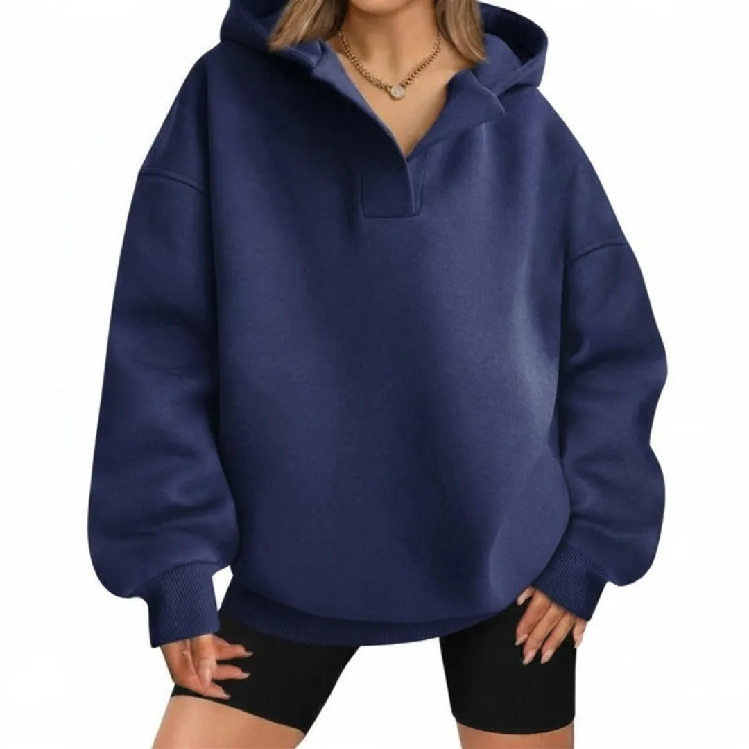 Women's Oversized V-Neck Hoodie with Puff Sleeve