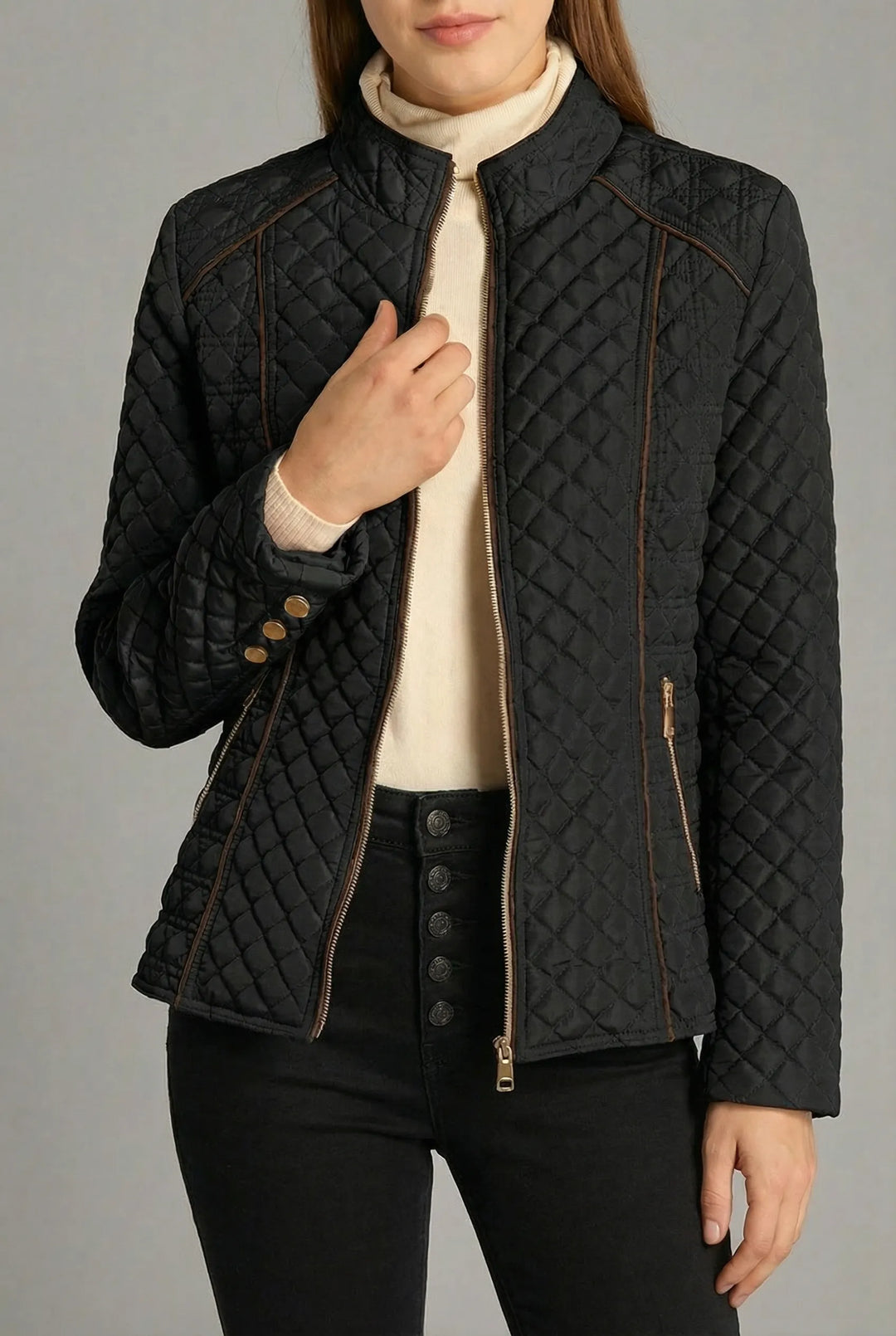 Women’s Quilted Zip-Up Jacket with Stand Collar