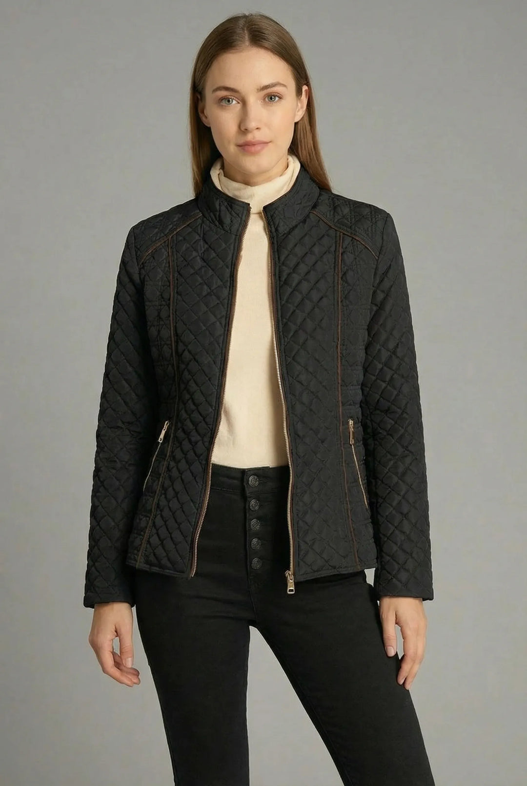 Women’s Quilted Zip-Up Jacket with Stand Collar