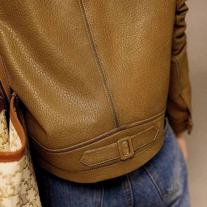 Women’s Tailored Classic Leather Jacket with Lapel Collar