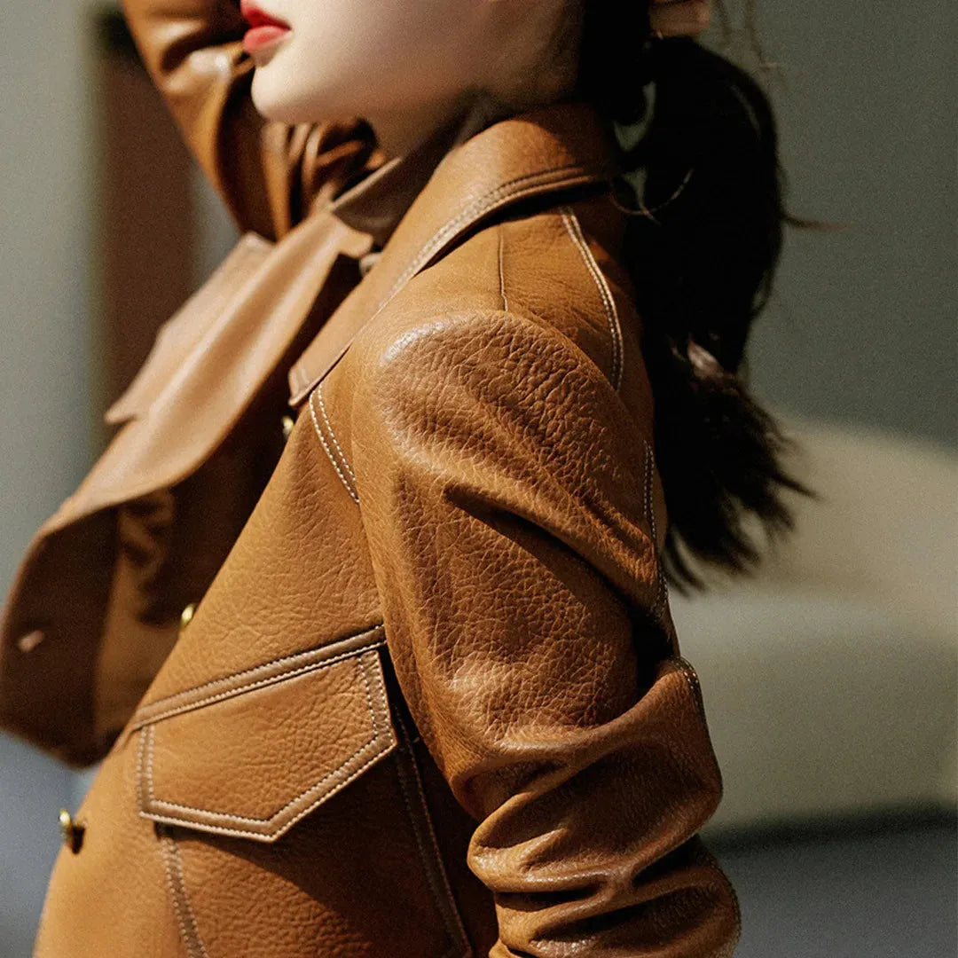 Women’s Tailored Classic Leather Jacket with Lapel Collar