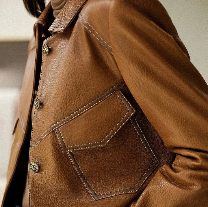 Women’s Tailored Classic Leather Jacket with Lapel Collar