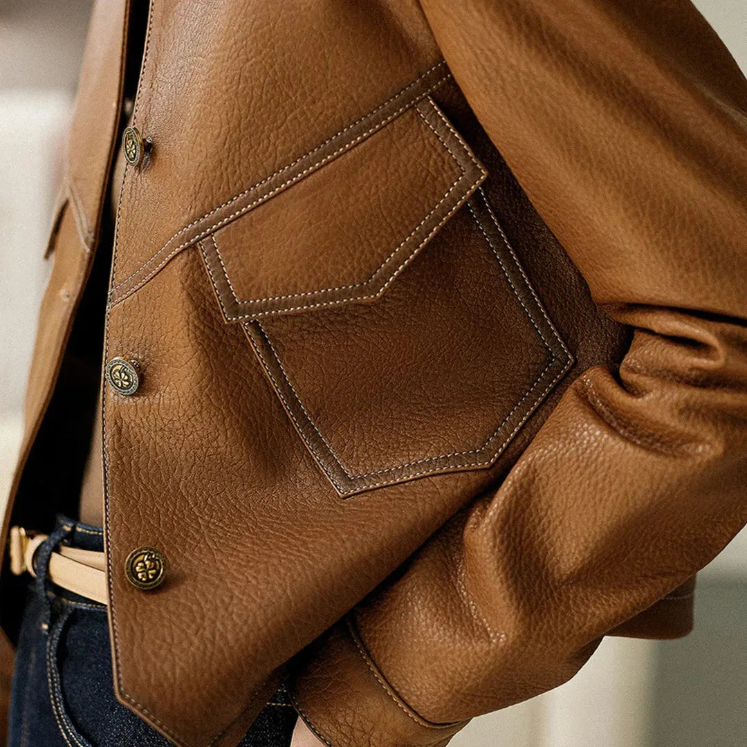 Women’s Tailored Classic Leather Jacket with Lapel Collar
