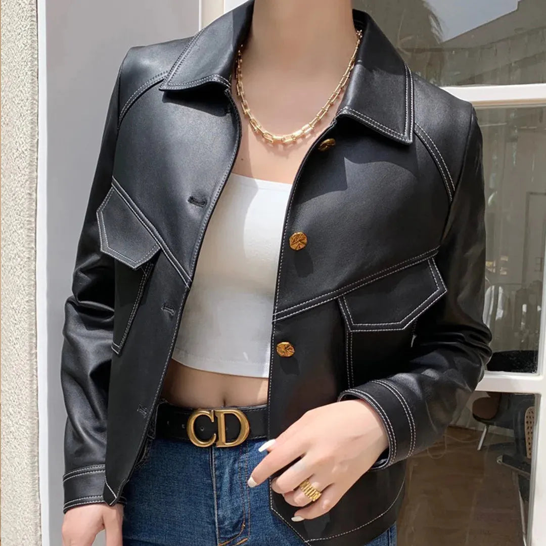 Women’s Tailored Classic Leather Jacket with Lapel Collar