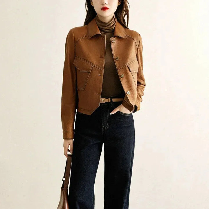 Women’s Tailored Classic Leather Jacket with Lapel Collar