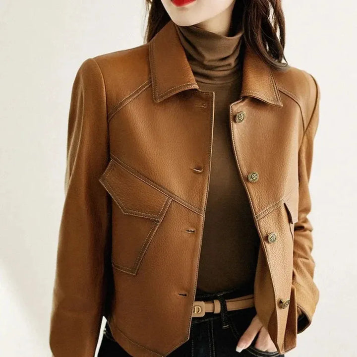 Women’s Tailored Classic Leather Jacket with Lapel Collar