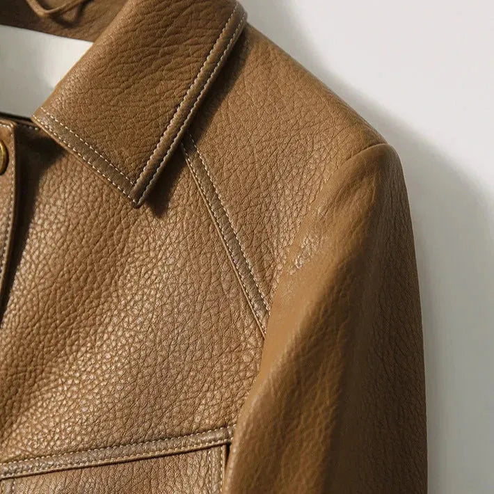 Women’s Tailored Classic Leather Jacket with Lapel Collar