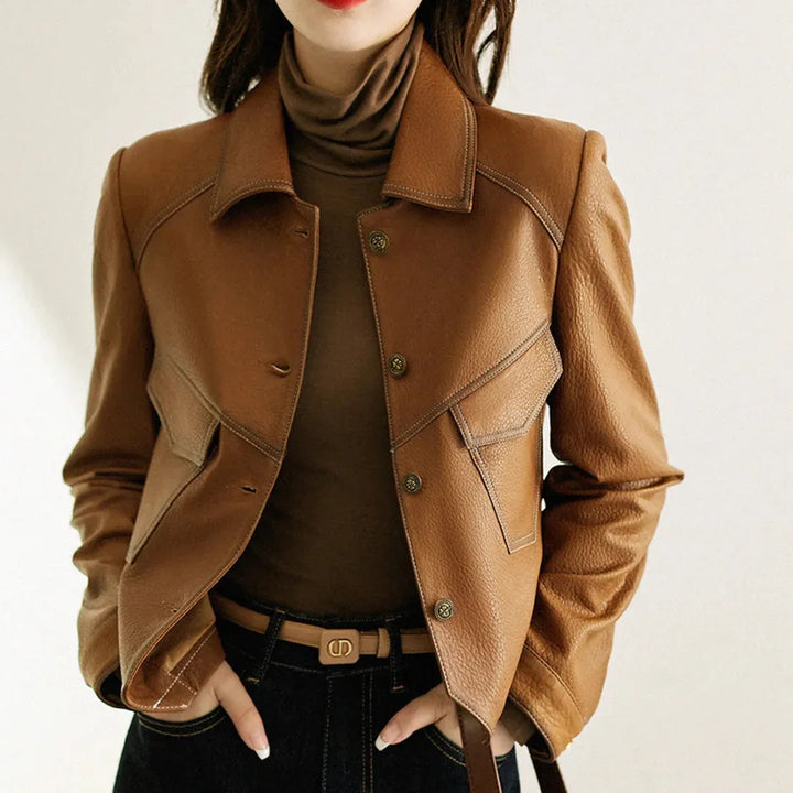 Women’s Tailored Classic Leather Jacket with Lapel Collar
