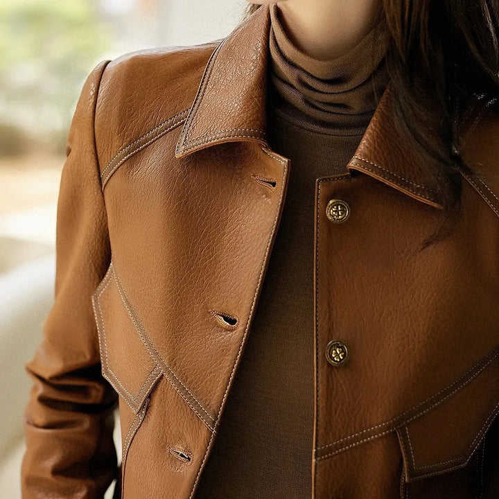 Women’s Tailored Classic Leather Jacket with Lapel Collar