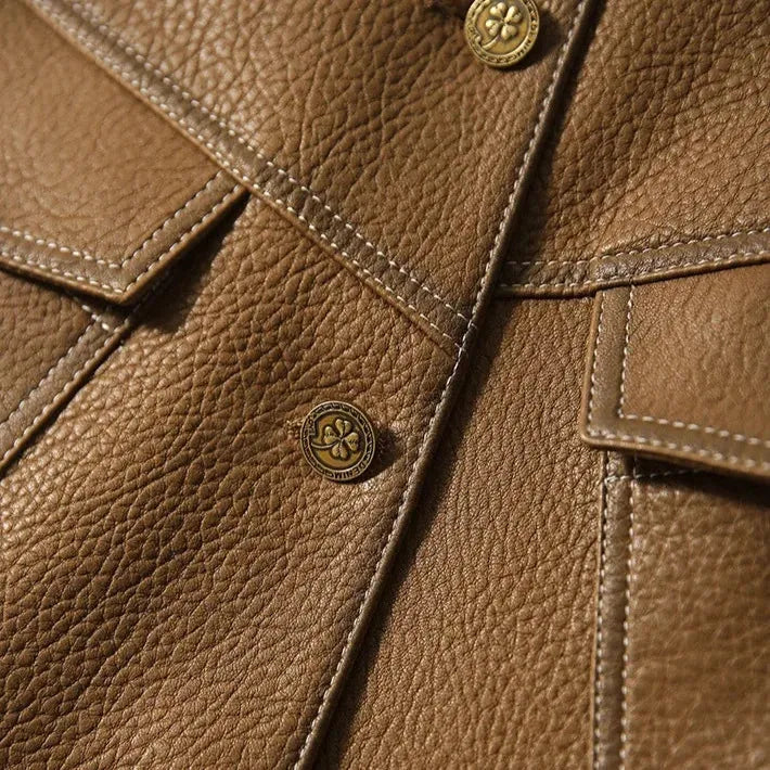 Women’s Tailored Classic Leather Jacket with Lapel Collar
