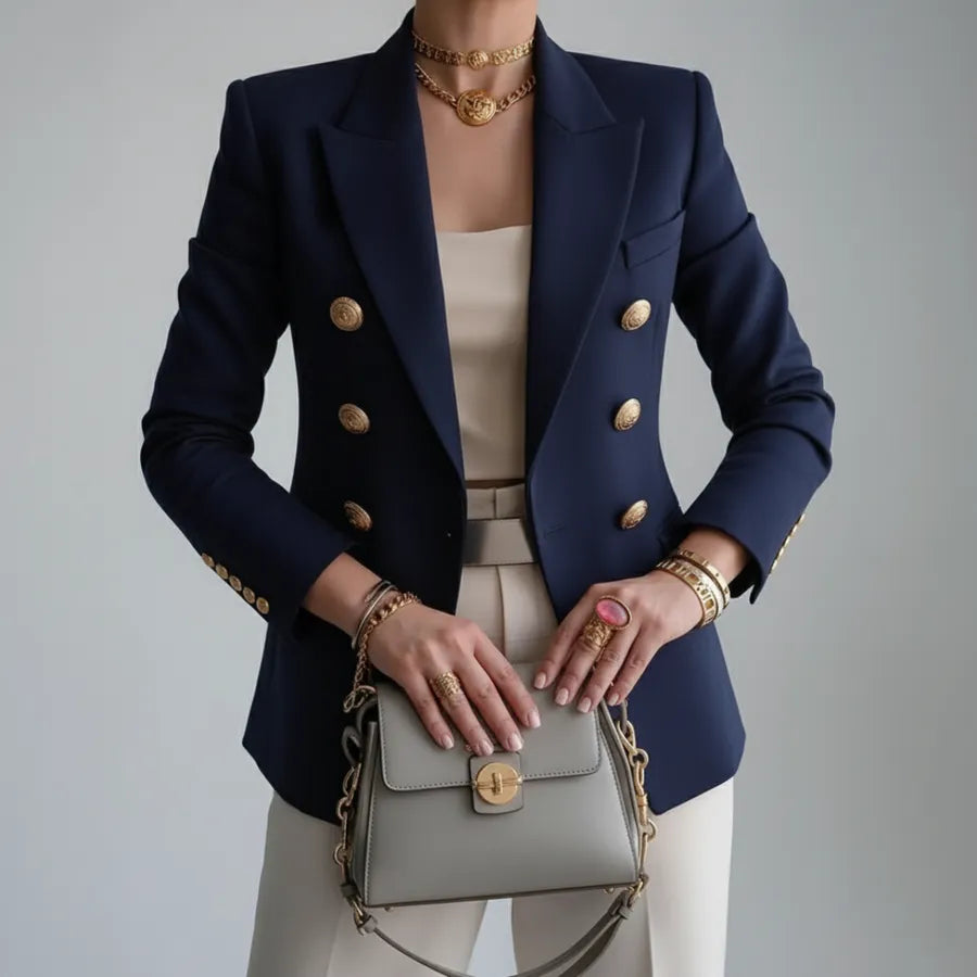 Women's Vintage Blazer Jacket with Double-Breasted Buttons