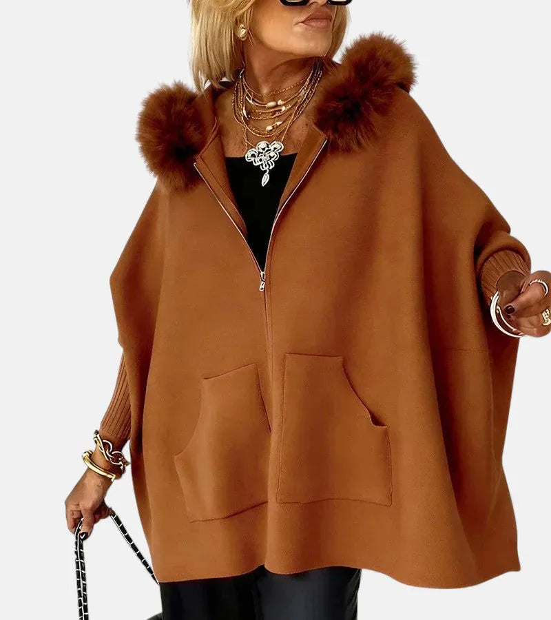 Women's Zip-Up Cape Jacket with Sherpa Lined