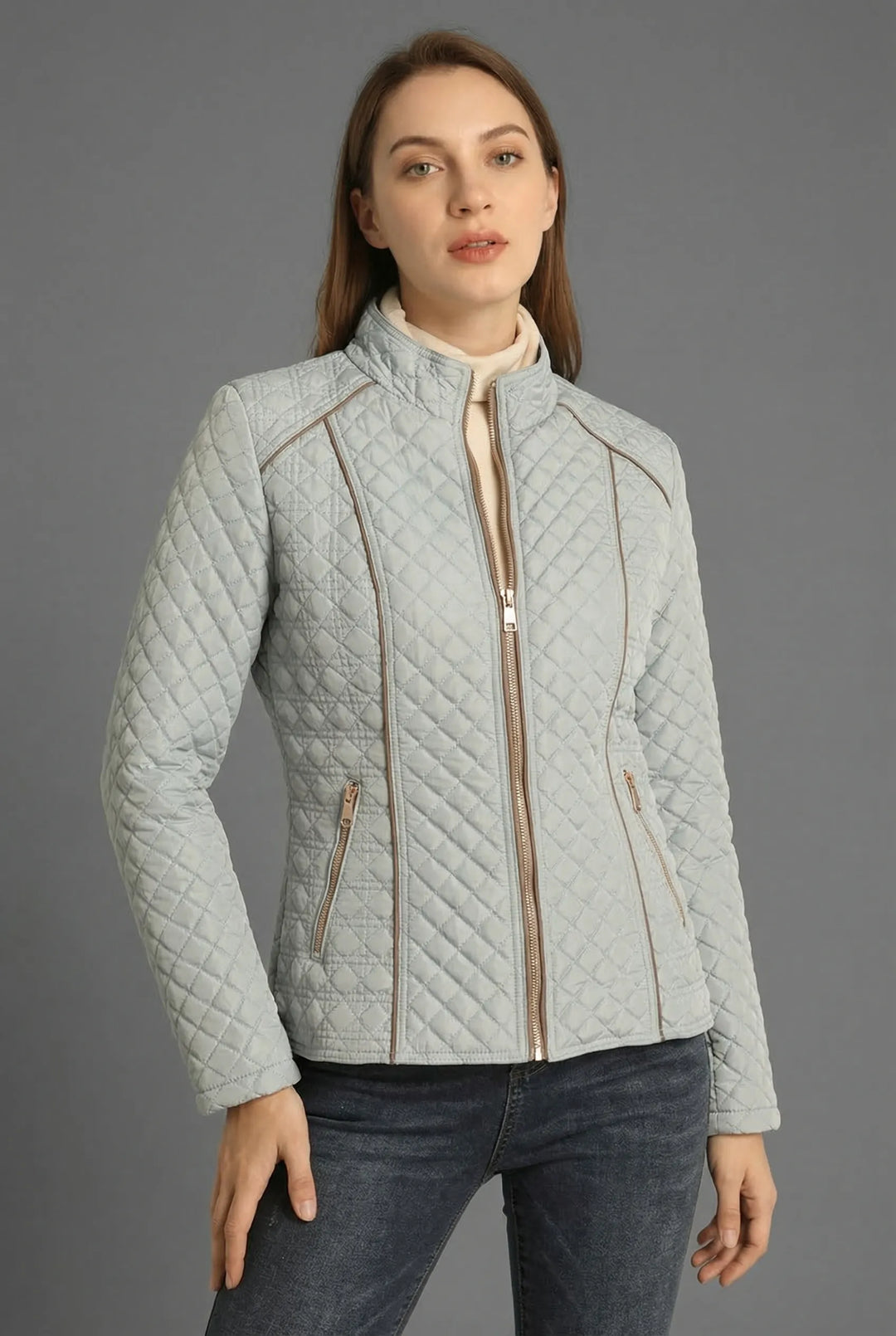 Women’s Zip-Up Quilted Jacket with Stand-Up Collar