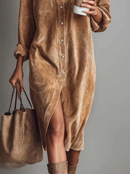 Loose Mid-Length Corduroy Dress