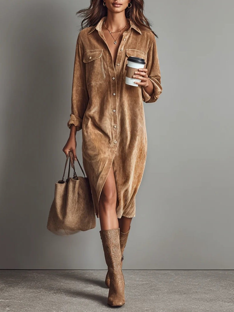 Loose Mid-Length Corduroy Dress